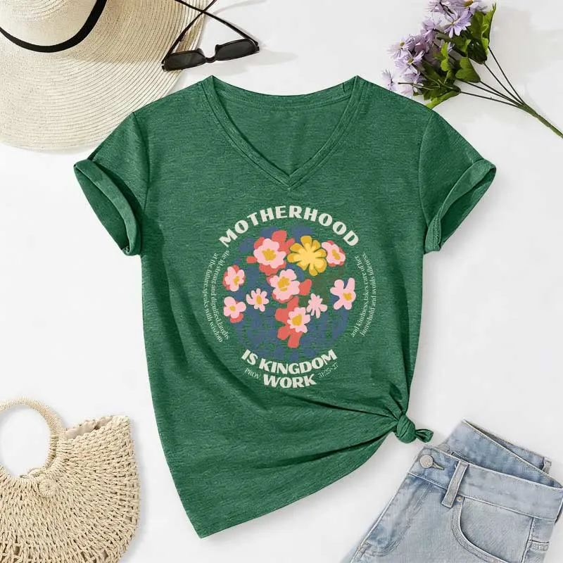 Christianartworkshop Boho Floral Motherhood Is Kingdom Work Casual V-neck T-shirt made by Christian Art Workshop