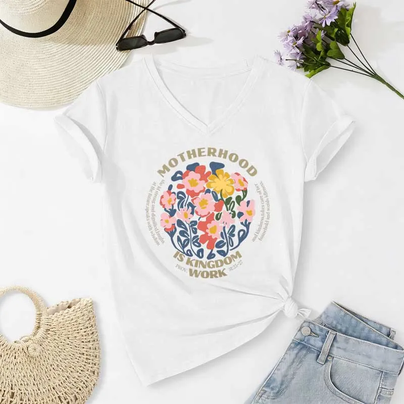 Christianartworkshop Boho Floral Motherhood Is Kingdom Work Casual V-neck T-shirt sold by Christian Art Workshop product image thumbnail 5