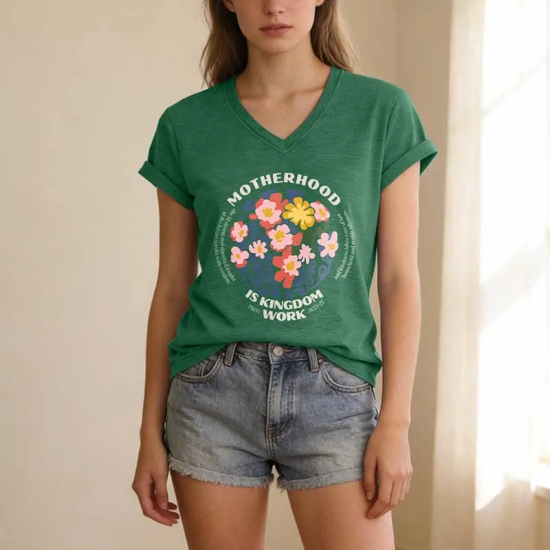 Christianartworkshop Boho Floral Motherhood Is Kingdom Work Casual V-neck T-shirt sold by Christian Art Workshop product image thumbnail 2