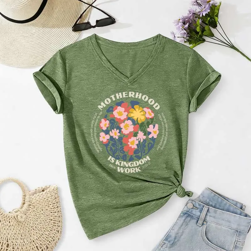 Christianartworkshop Boho Floral Motherhood Is Kingdom Work Casual V-neck T-shirt sold by Christian Art Workshop product image thumbnail 3