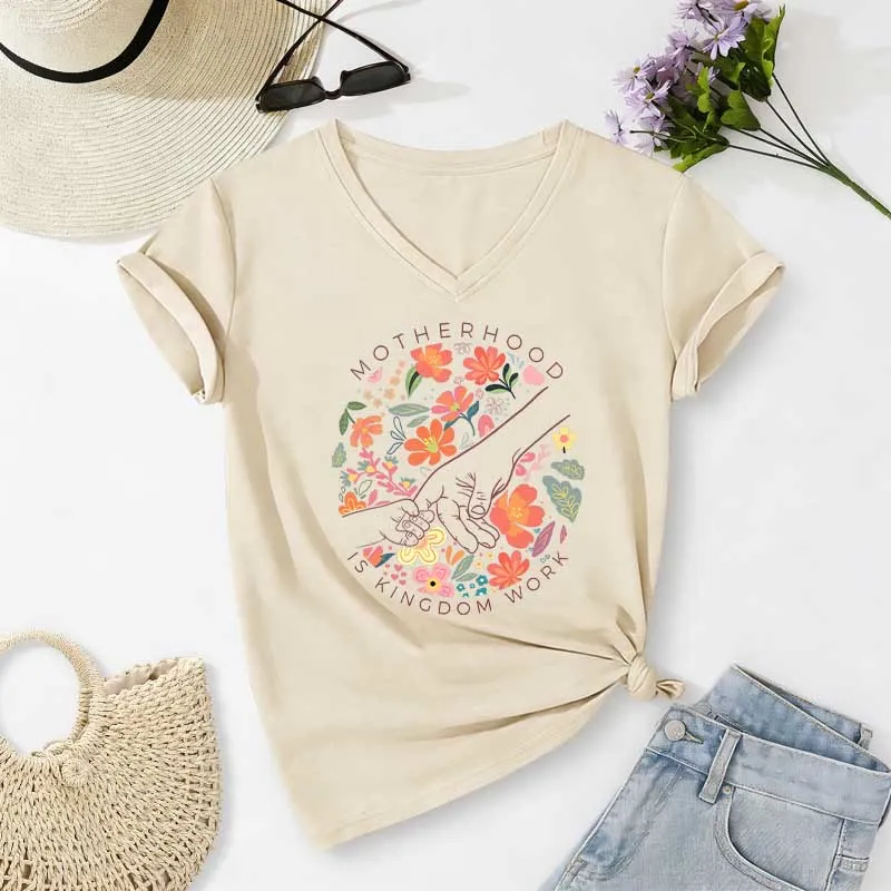 Christianartworkshop Motherhood Is Kingdom Work Floral Hand Casual V-neck T-shirt sold by Christian Art Workshop product image thumbnail 5