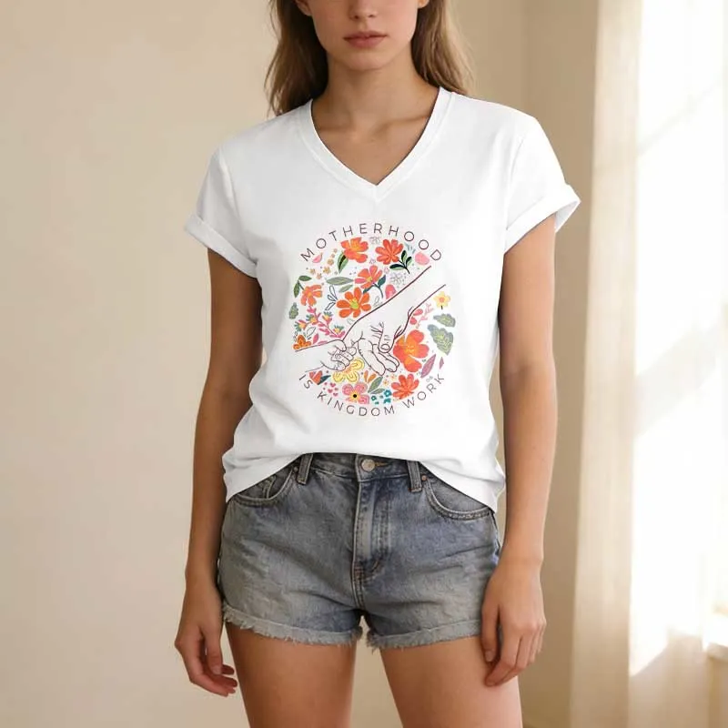 Christianartworkshop Motherhood Is Kingdom Work Floral Hand Casual V-neck T-shirt sold by Christian Art Workshop product image thumbnail 2