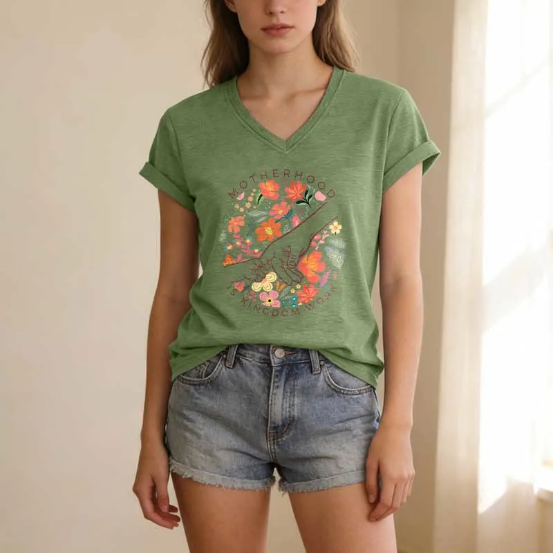 Christianartworkshop Motherhood Is Kingdom Work Floral Hand Casual V-neck T-shirt sold by Christian Art Workshop product image thumbnail 4