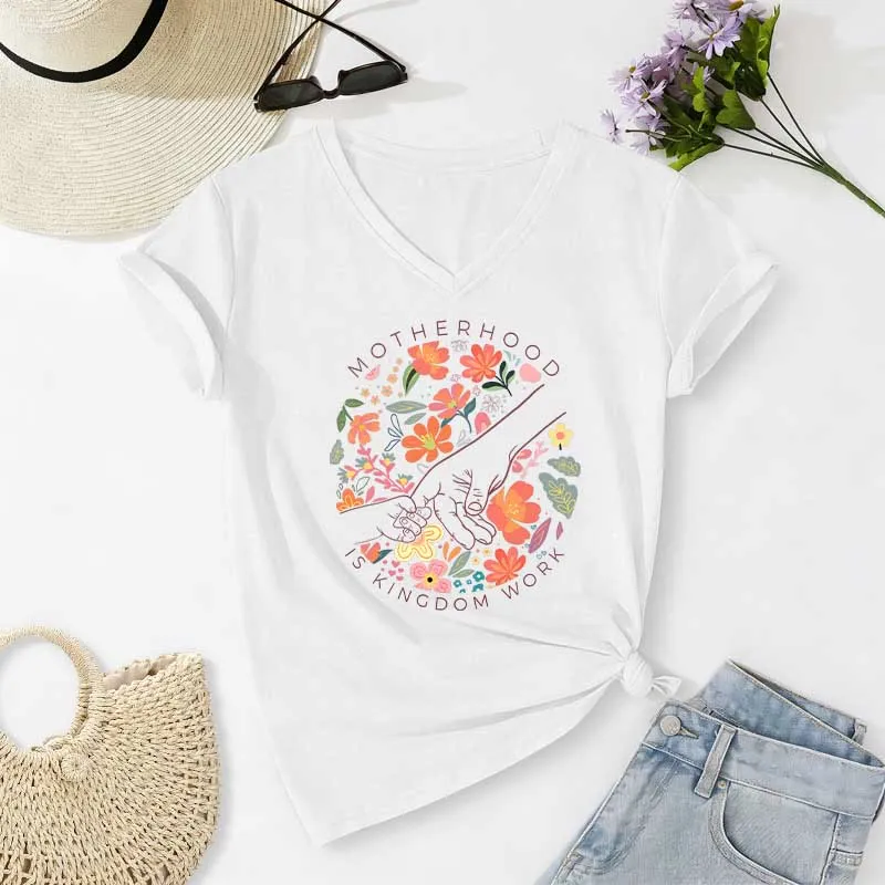 Christianartworkshop Motherhood Is Kingdom Work Floral Hand Casual V-neck T-shirt sold by Christian Art Workshop