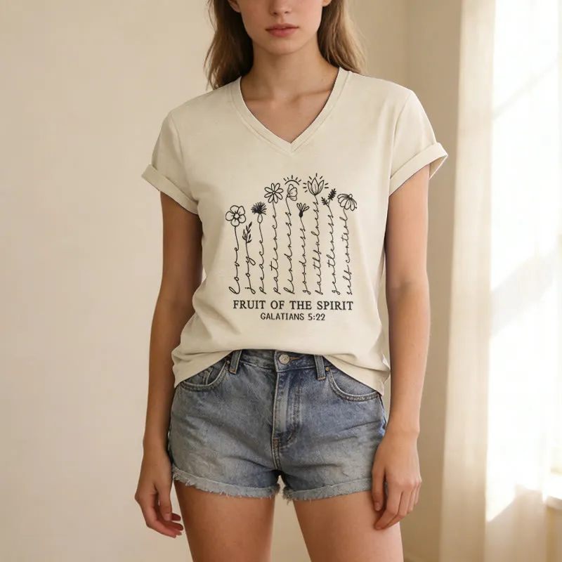 Christianartworkshop Fruit of the Spirit Galatians 5:22 Floral Print Casual V-neck T-shirt sold by Christian Art Workshop product image thumbnail 4