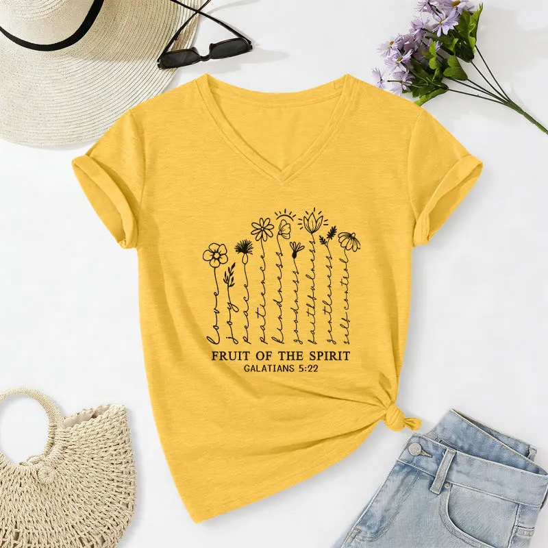Christianartworkshop Fruit of the Spirit Galatians 5:22 Floral Print Casual V-neck T-shirt made by Christian Art Workshop