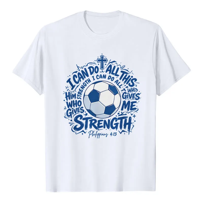 Christianartworkshop Through Him Who Strengthens Me Soccer & Faith Premium T-Shirt sold by Christian Art Workshop product image thumbnail 2