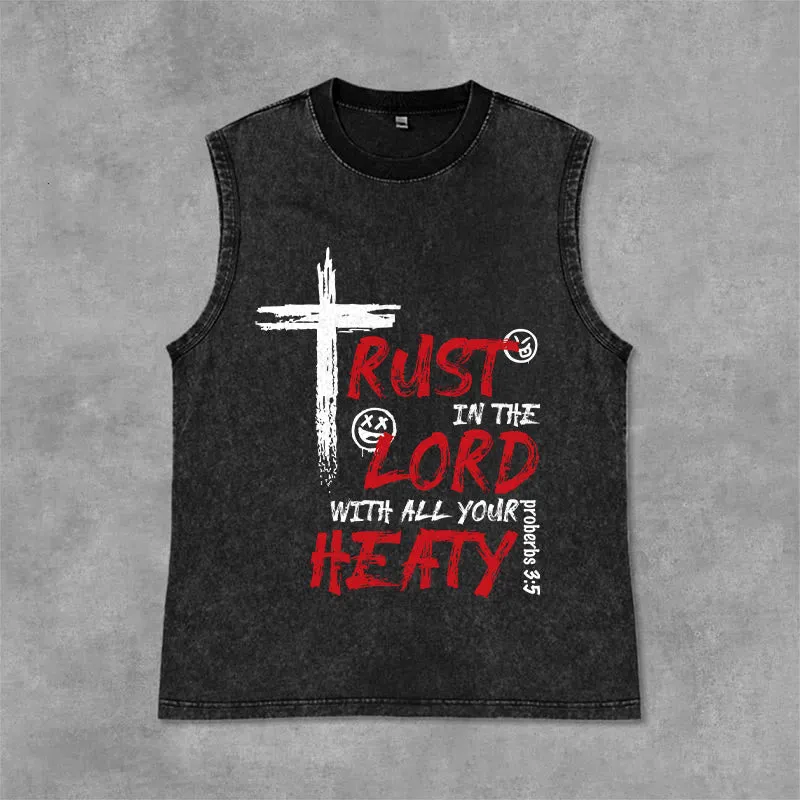Christianartworkshop Trust In The Lord With All Your Heart Proverbs 3:5 Cross Print Vintage Washed Tank Top sold by Christian Art Workshop