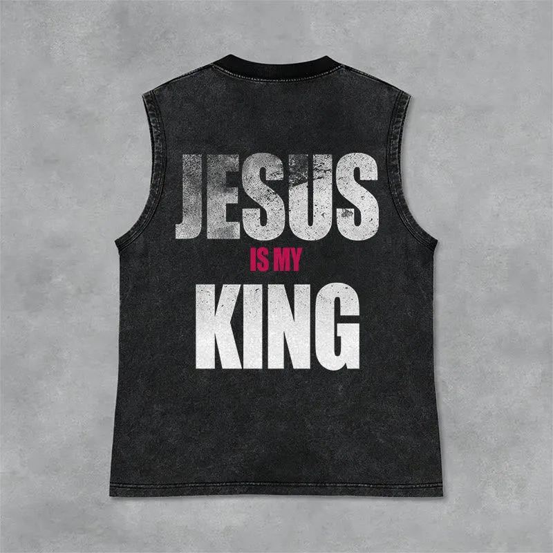 Christianartworkshop Jesus Is My King Bold Gradient Print Vintage Washed Tank Top sold by Christian Art Workshop product image thumbnail 4