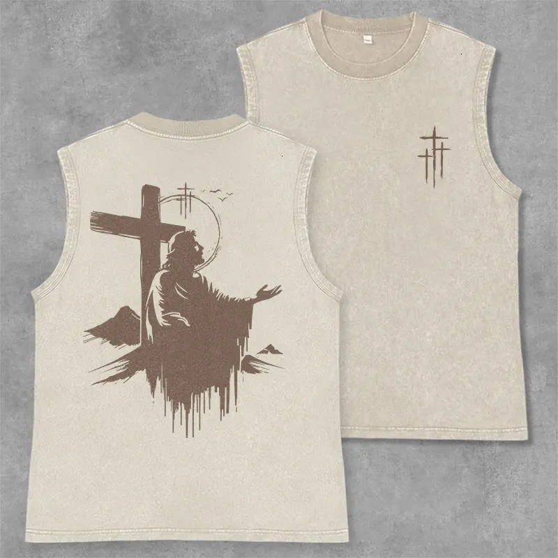 Christianartworkshop Jesus and Cross Mountain Silhouette Vintage Washed Tank Top made by Christian Art Workshop