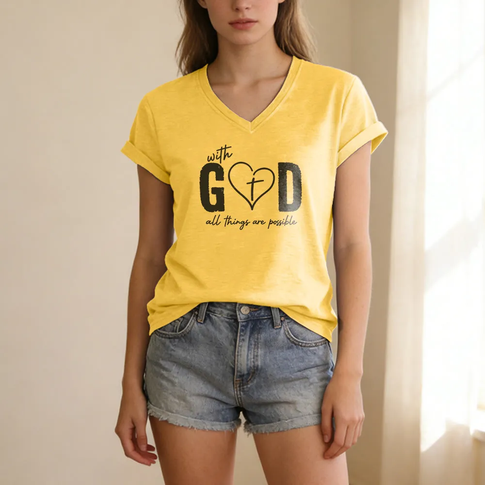Christianartworkshop With God All Things Are Possible Heart Cross Print Casual V-neck T-shirt sold by Christian Art Workshop product image thumbnail 4