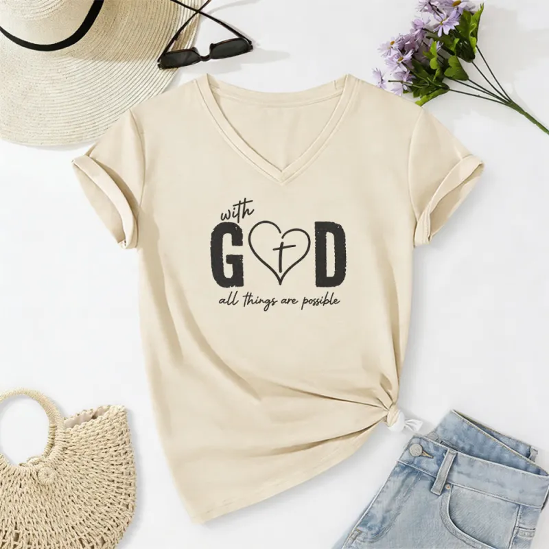 Christianartworkshop With God All Things Are Possible Heart Cross Print Casual V-neck T-shirt made by Christian Art Workshop