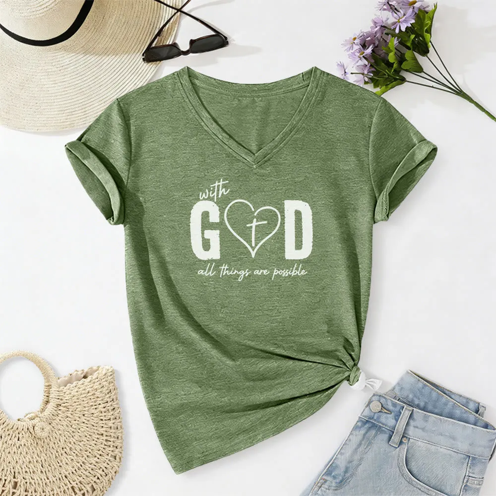 Christianartworkshop With God All Things Are Possible Heart Cross Print Casual V-neck T-shirt sold by Christian Art Workshop product image thumbnail 5