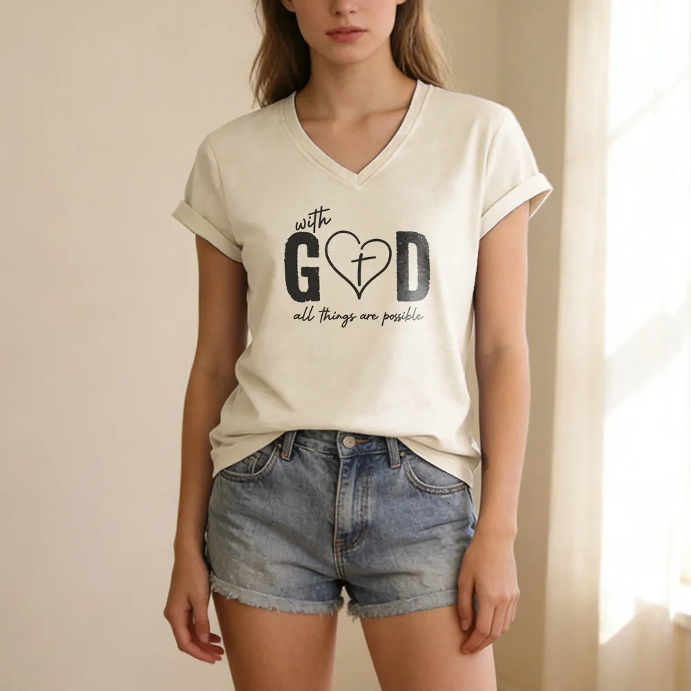 Christianartworkshop With God All Things Are Possible Heart Cross Print Casual V-neck T-shirt sold by Christian Art Workshop product image thumbnail 2