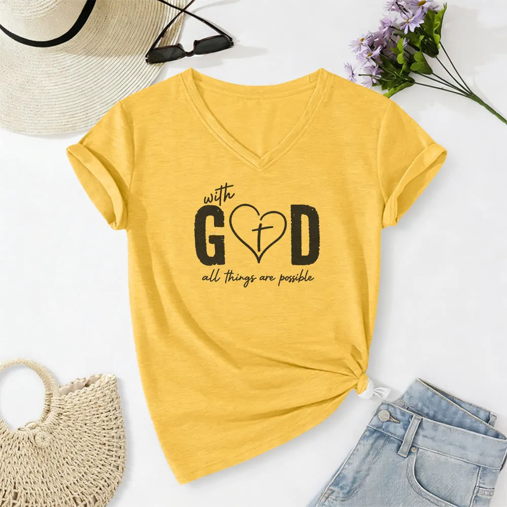 Christianartworkshop With God All Things Are Possible Heart Cross Print Casual V-neck T-shirt sold by Christian Art Workshop product image thumbnail 3