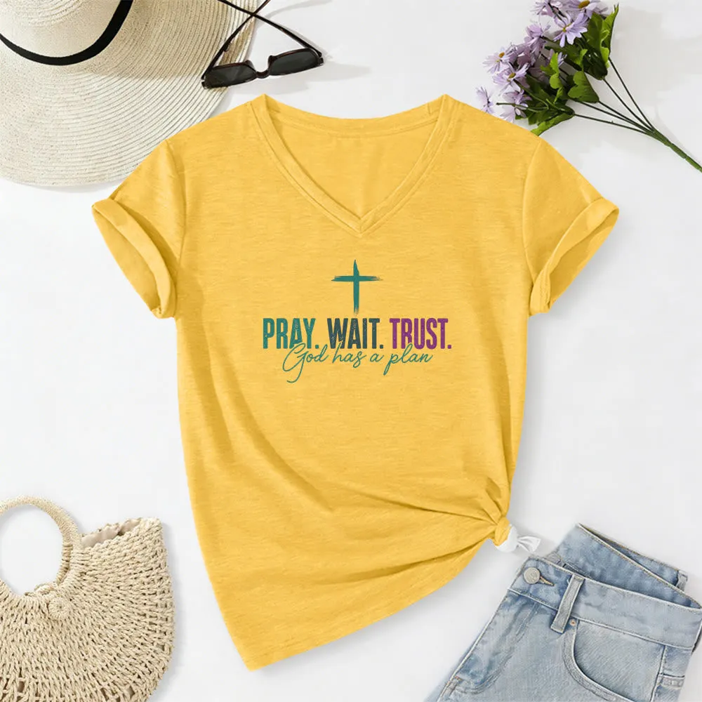 Christianartworkshop Pray Wait Trust God Has A Plan Cross Print Casual V-neck T-shirt sold by Christian Art Workshop product image thumbnail 5
