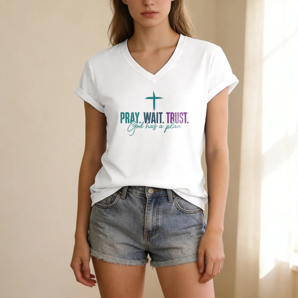 Christianartworkshop Pray Wait Trust God Has A Plan Cross Print Casual V-neck T-shirt sold by Christian Art Workshop product image thumbnail 2