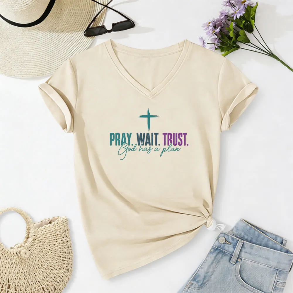 Christianartworkshop Pray Wait Trust God Has A Plan Cross Print Casual V-neck T-shirt sold by Christian Art Workshop product image thumbnail 3
