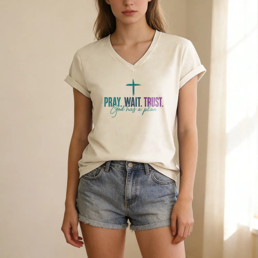 Christianartworkshop Pray Wait Trust God Has A Plan Cross Print Casual V-neck T-shirt sold by Christian Art Workshop product image thumbnail 4