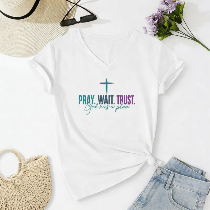 Christianartworkshop Pray Wait Trust God Has A Plan Cross Print Casual V-neck T-shirt made by Christian Art Workshop