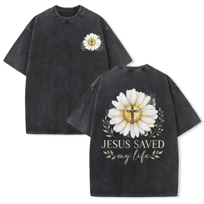 Christianartworkshop Jesus Saved My Life Watercolor Daisy Cross Front And Back Print Washed T-Shirt made by Christian Art Workshop