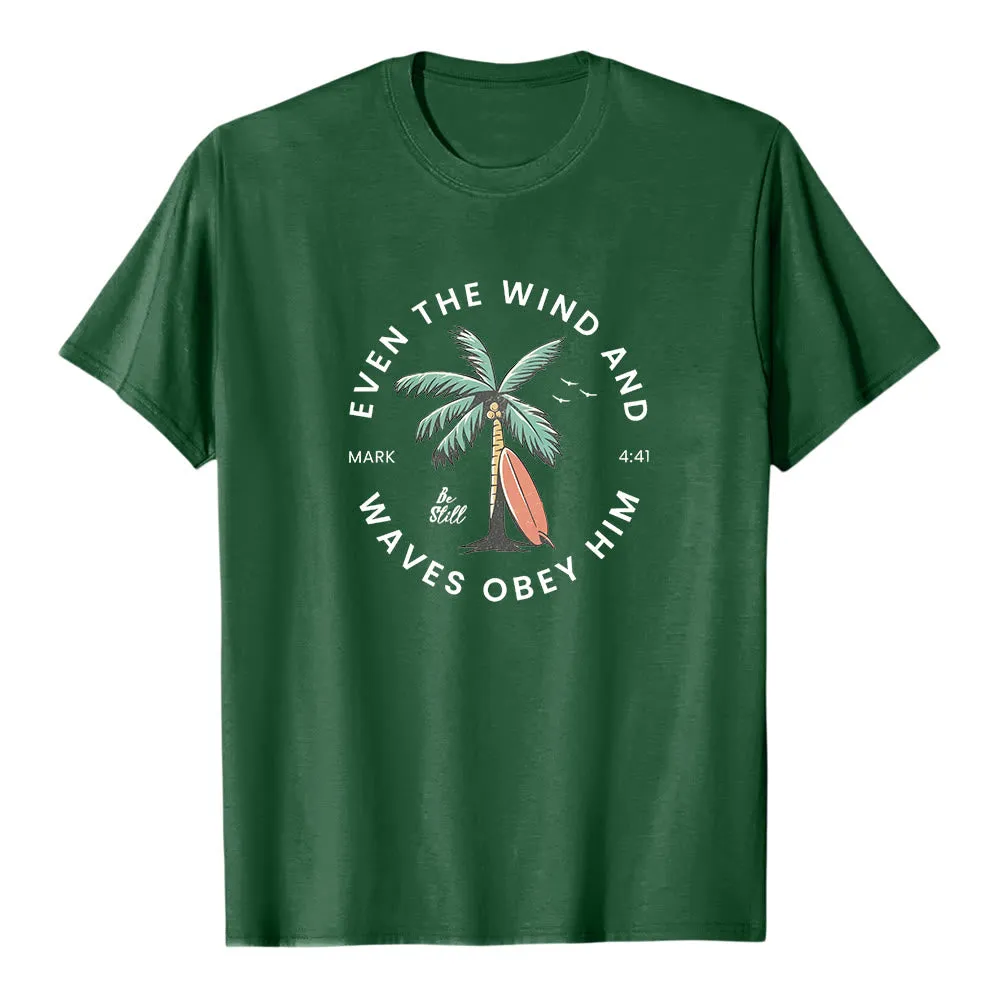 Christianartworkshop Mark 4:41 "Even The Wind And Waves Obey Him" Beach Graphic Premium Short Sleeve T-Shirt sold by Christian Art Workshop