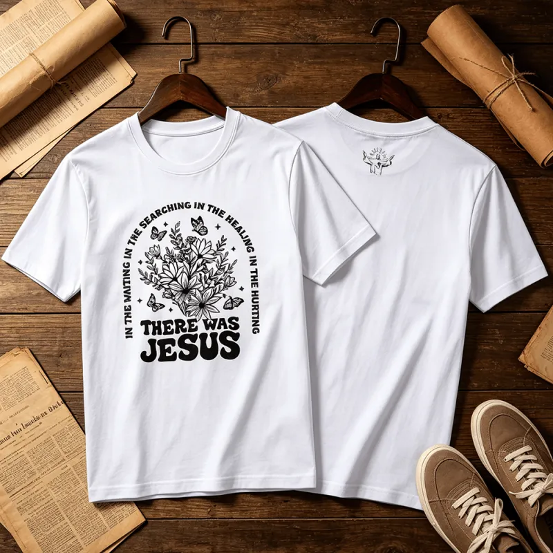 Christianartworkshop "There Was Jesus" Floral & Butterfly Premium Short Sleeve T-Shirt made by Christian Art Workshop