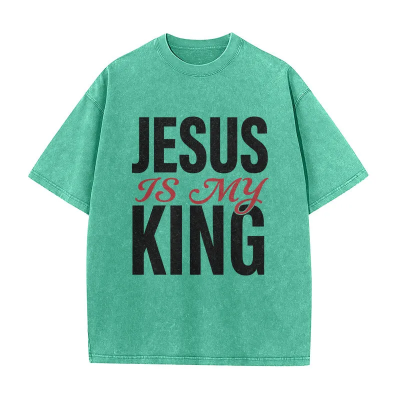 Christianartworkshop Jesus Is My King Casual Believer Washed Unisex T-Shirt sold by Christian Art Workshop product image thumbnail 4