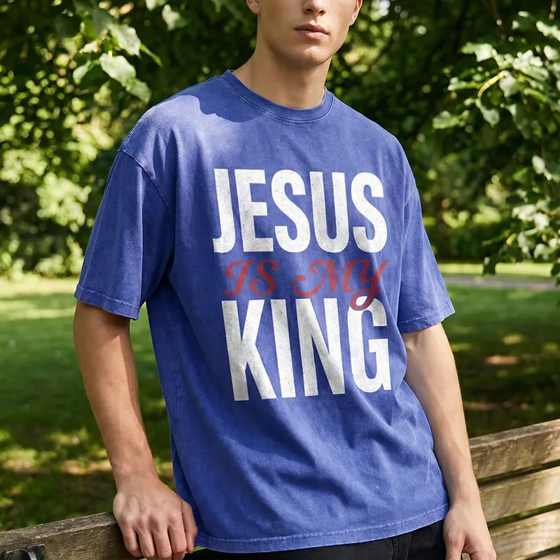 Christianartworkshop Jesus Is My King Casual Believer Washed Unisex T-Shirt sold by Christian Art Workshop