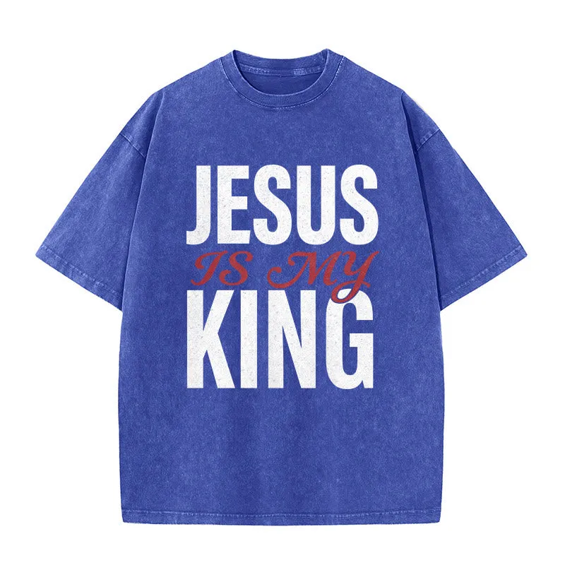 Christianartworkshop Jesus Is My King Casual Believer Washed Unisex T-Shirt sold by Christian Art Workshop product image thumbnail 2