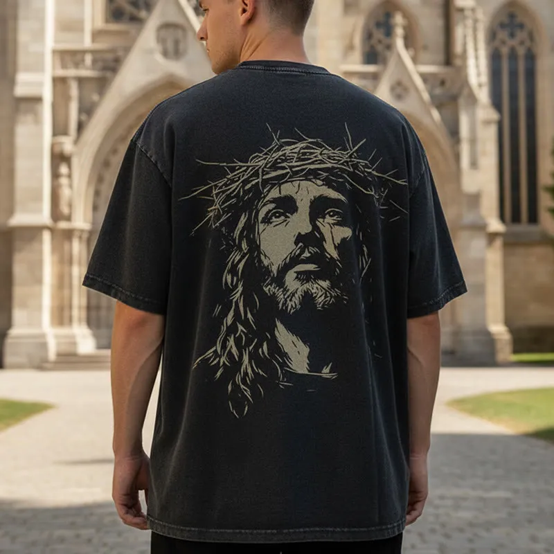 Christianartworkshop Cross with Crown of Thorns Detail Washed Unisex T-Shirt made by Christian Art Workshop
