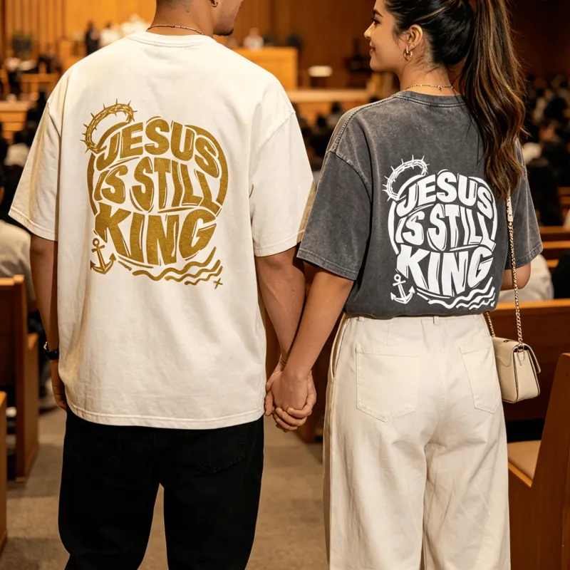 Christianartworkshop Jesus Is Still King Crown Of Thorns Anchor Wave Couple Matching Back Print Vintage Washed Unisex T-Shirt made by Christian Art Workshop