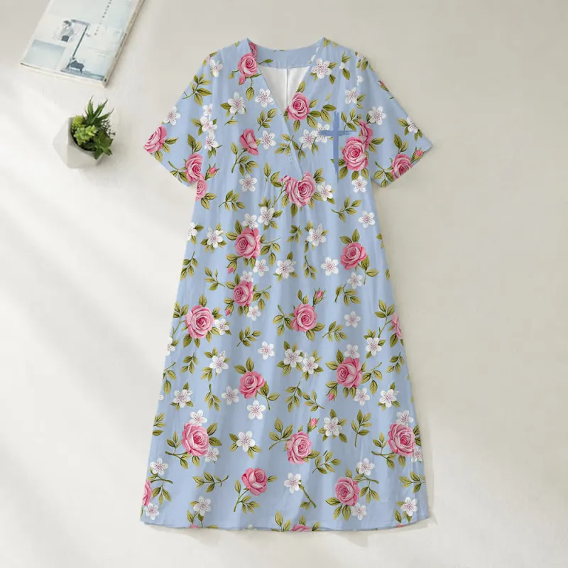 Christianartworkshop Summer Oversized Floral Print Cross Graphic V-Neck Short Sleeve Midi Dress made by Christian Art Workshop