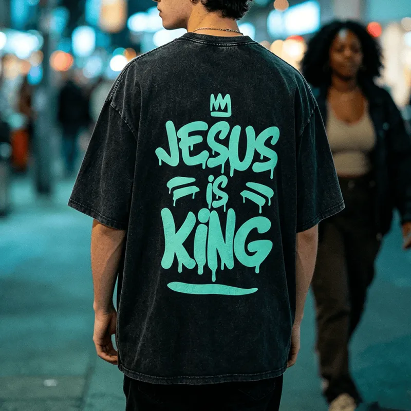 Christianartworkshop Jesus Is King Drip Graffiti Crown Back Print Vintage Washed Unisex T-Shirt made by Christian Art Workshop