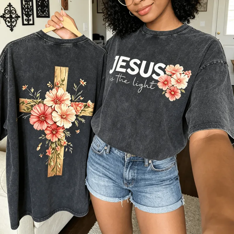 Christianartworkshop Jesus Is The Light Double Sided Floral Cross Graphic Washed Unisex T-Shirt made by Christian Art Workshop