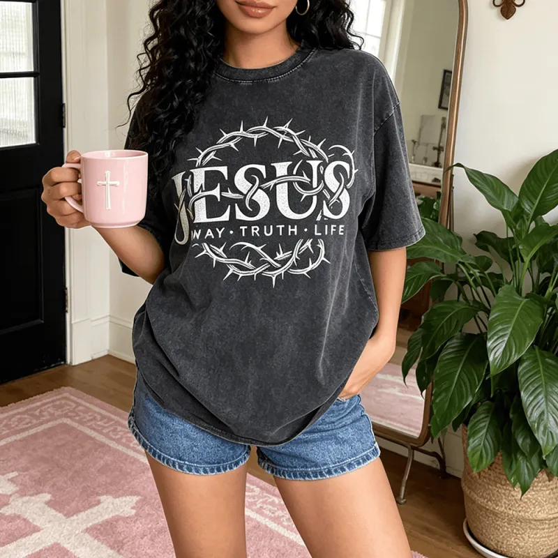 Christianartworkshop Jesus Way Truth Life Crown Of Thorns Circular Graphic Washed Unisex T-Shirt made by Christian Art Workshop