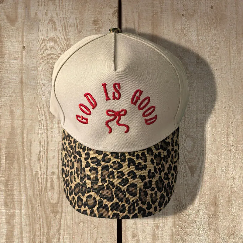 Christianartworkshop God Is Good Bow Embroidery Leopard Brim Adjustable Baseball Cap made by Christian Art Workshop