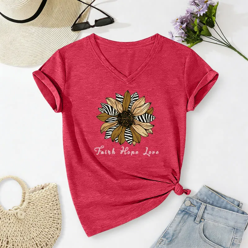Christianartworkshop Faith Hope Love Zebra Print Sunflower Casual V-neck T-shirt made by Christian Art Workshop