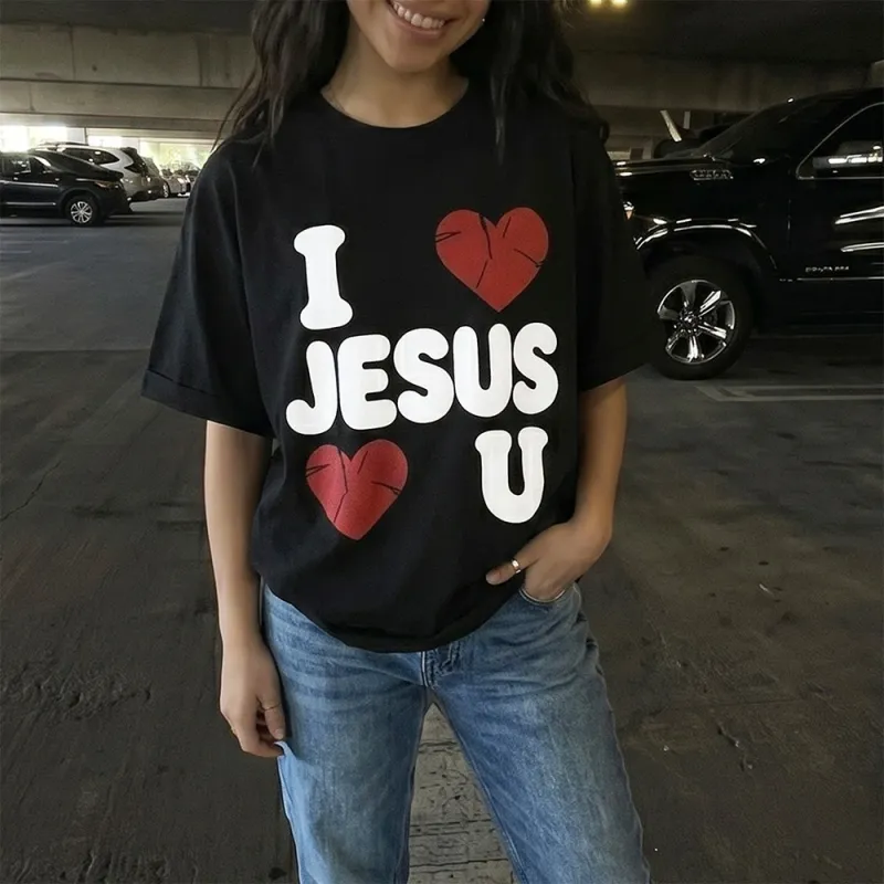 Christianartworkshop Cute Chunky Bubble Letter I Love Jesus Simple Double Heart Graphic Women’s Crewnecks made by Christian Art Workshop
