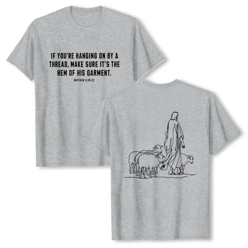 Christianartworkshop If You're Hanging On By A Thread Matthew 9:22 Front Shepherd & Sheep Drawing Back Premium Short Sleeve T-Shirt made by Christian Art Workshop
