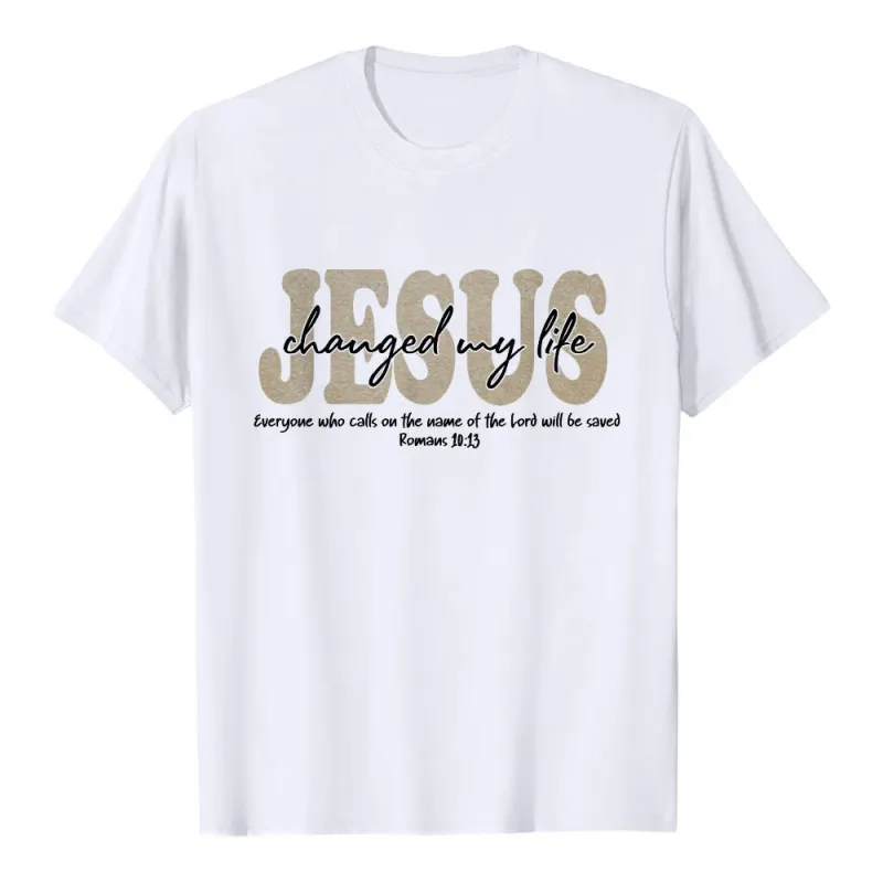 Christianartworkshop JESUS Overlay Cursive Changed My Life Romans 10:13 Triple Layer Text Premium Short Sleeve T-Shirt made by Christian Art Workshop