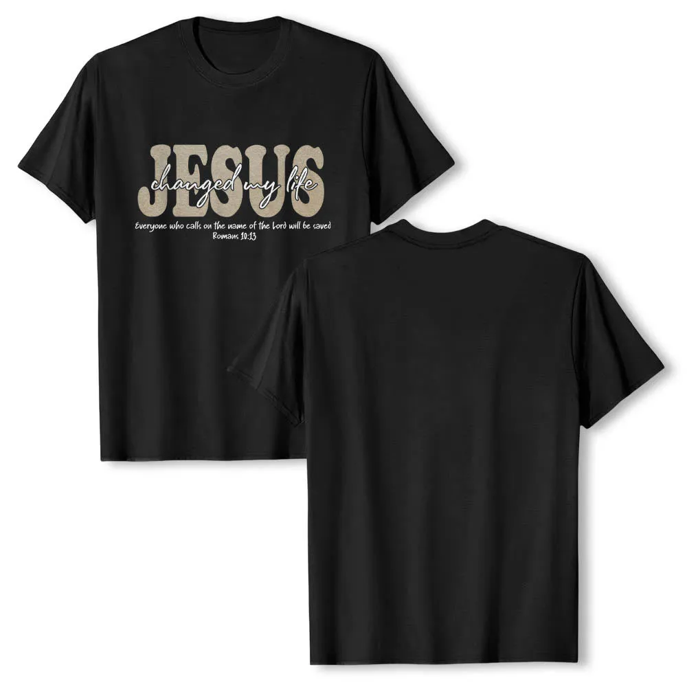 Christianartworkshop JESUS Overlay Cursive Changed My Life Romans 10:13 Triple Layer Text Premium Short Sleeve T-Shirt sold by Christian Art Workshop product image thumbnail 5