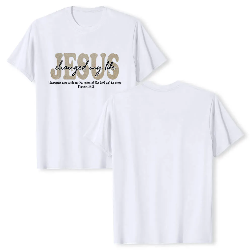 Christianartworkshop JESUS Overlay Cursive Changed My Life Romans 10:13 Triple Layer Text Premium Short Sleeve T-Shirt sold by Christian Art Workshop product image thumbnail 2