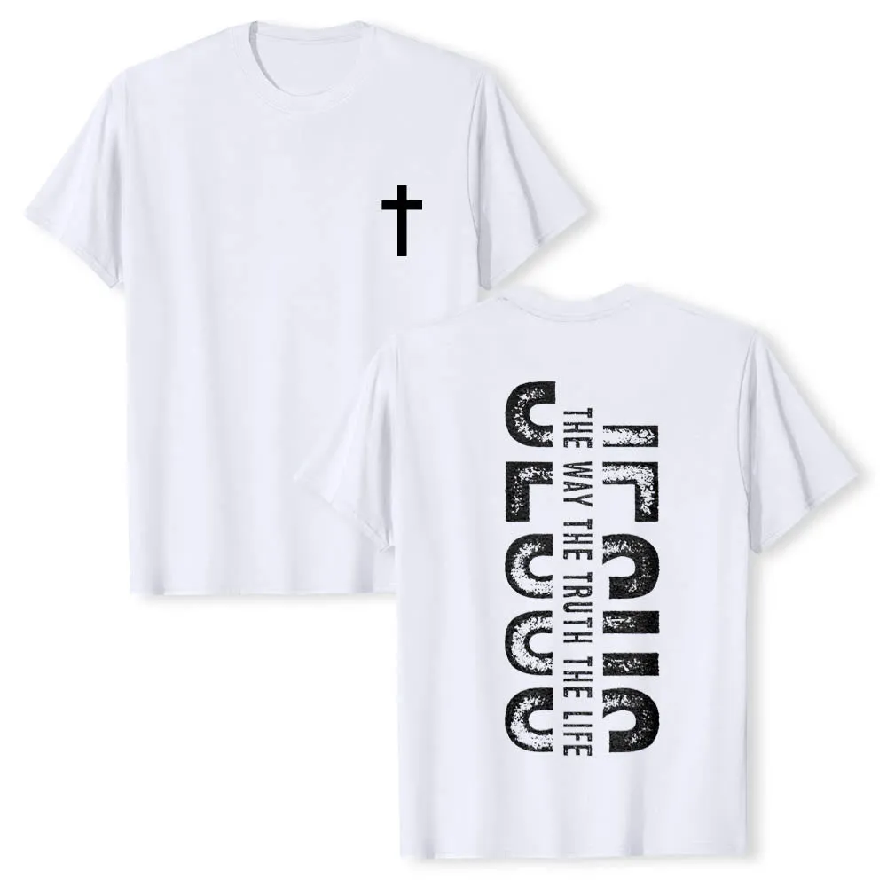 Christianartworkshop Front Cross Back Vertical Distressed JESUS The Way The Truth The Life Premium Short Sleeve T-Shirt sold by Christian Art Workshop product image thumbnail 4