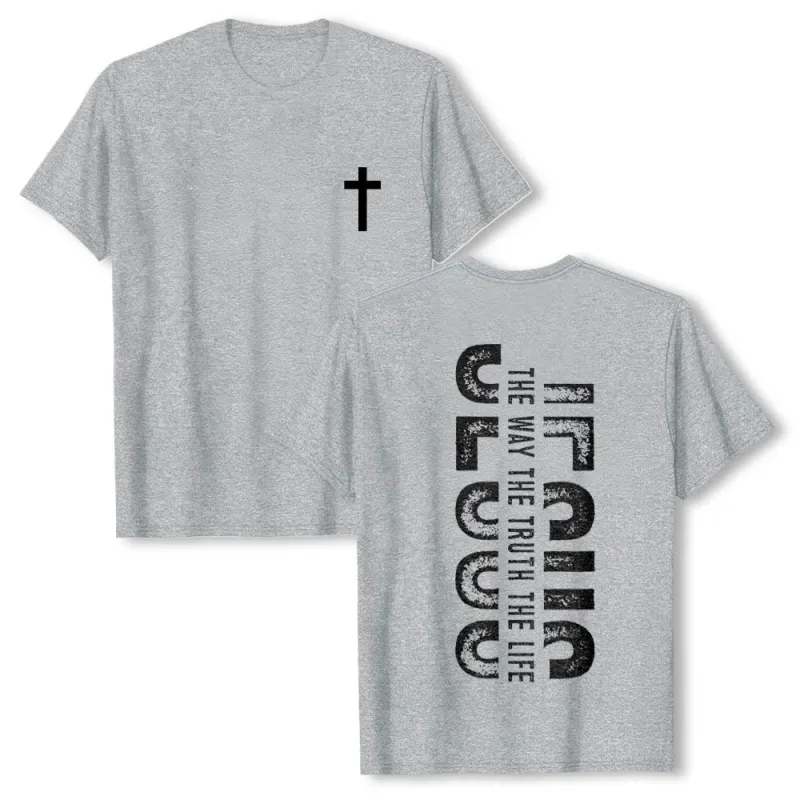 Christianartworkshop Front Cross Back Vertical Distressed JESUS The Way The Truth The Life Premium Short Sleeve T-Shirt made by Christian Art Workshop