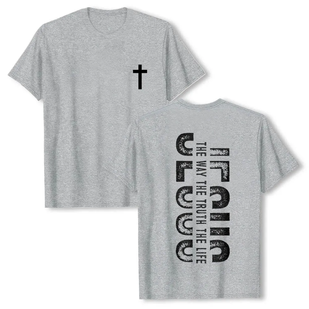 Christianartworkshop Front Cross Back Vertical Distressed JESUS The Way The Truth The Life Premium Short Sleeve T-Shirt sold by Christian Art Workshop