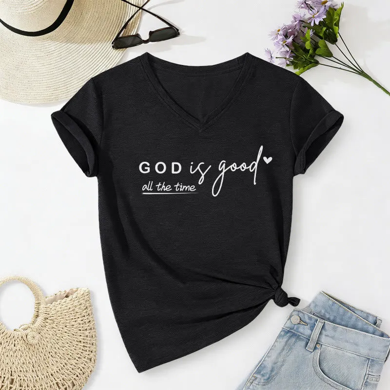 Christianartworkshop God Is Good All The Time Dual Tiny Heart Accent Casual V-neck T-shirt sold by Christian Art Workshop product image thumbnail 5