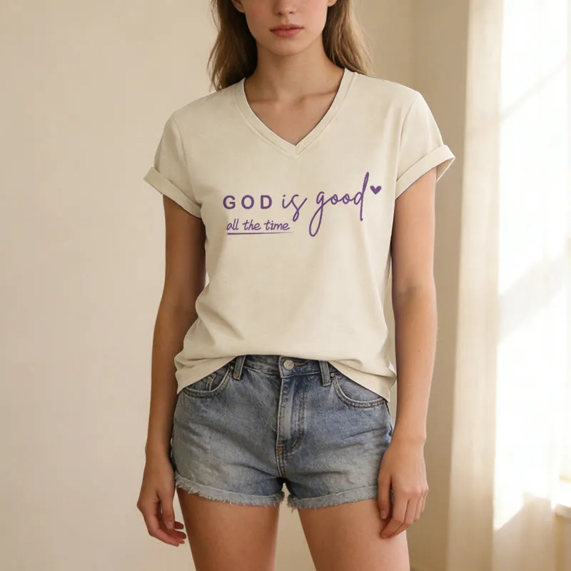 Christianartworkshop God Is Good All The Time Dual Tiny Heart Accent Casual V-neck T-shirt sold by Christian Art Workshop product image thumbnail 2