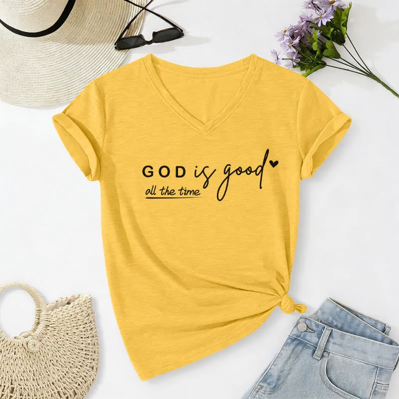 Christianartworkshop God Is Good All The Time Dual Tiny Heart Accent Casual V-neck T-shirt sold by Christian Art Workshop product image thumbnail 3