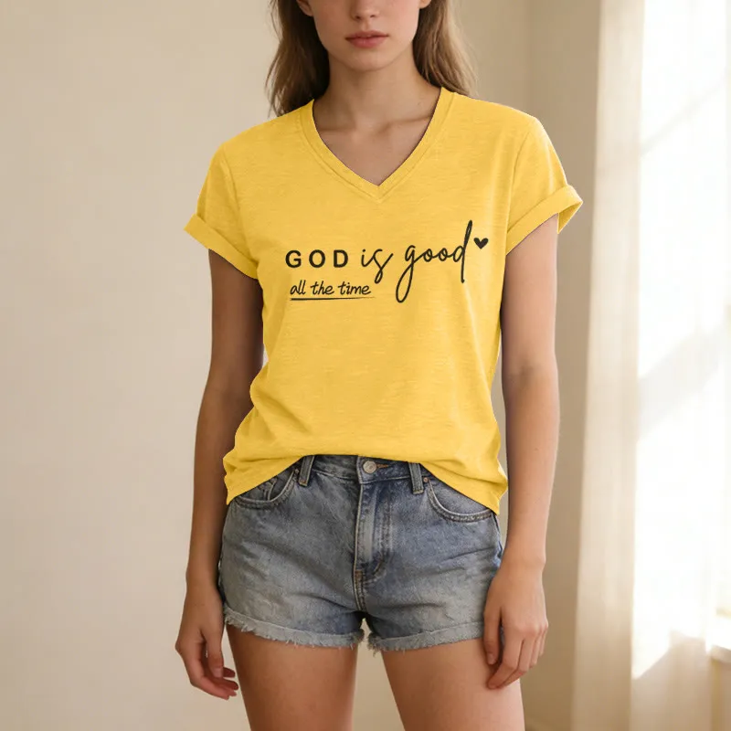 Christianartworkshop God Is Good All The Time Dual Tiny Heart Accent Casual V-neck T-shirt sold by Christian Art Workshop product image thumbnail 4